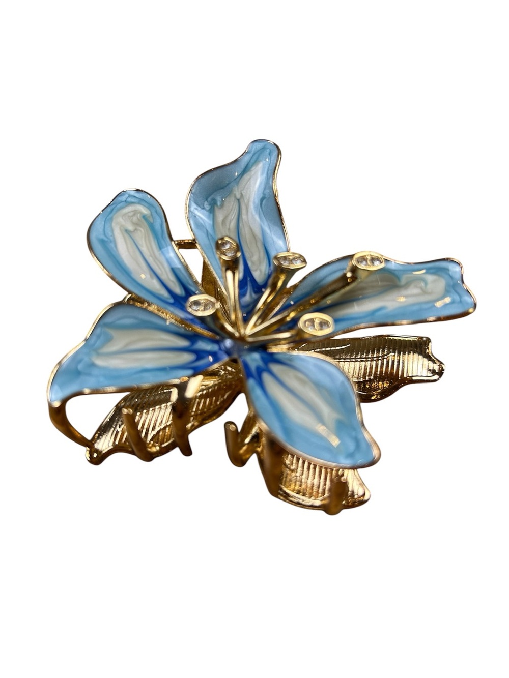 Vintage Enamel Hair Clip Blue Flower Gold Tone Rhinestone Accents